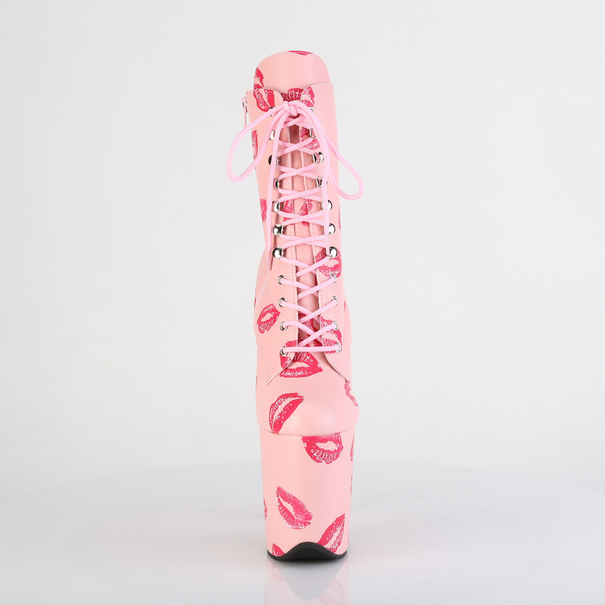 FLAMINGO-1020KISSES *8" Heel,  4" PF Lace-Up Lips Print Ankle Boot, Side Zip