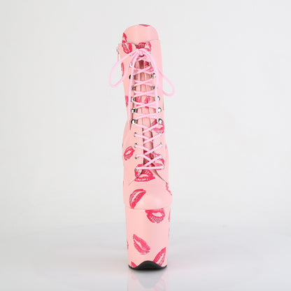 FLAMINGO-1020KISSES *8" Heel,  4" PF Lace-Up Lips Print Ankle Boot, Side Zip