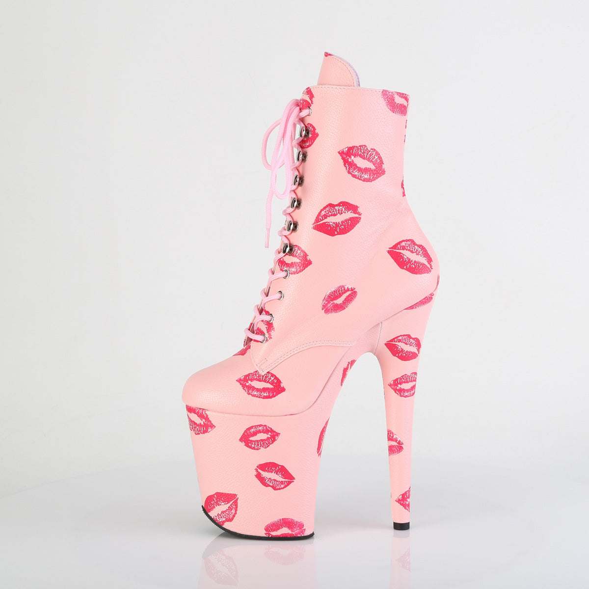 FLAMINGO-1020KISSES *8" Heel,  4" PF Lace-Up Lips Print Ankle Boot, Side Zip