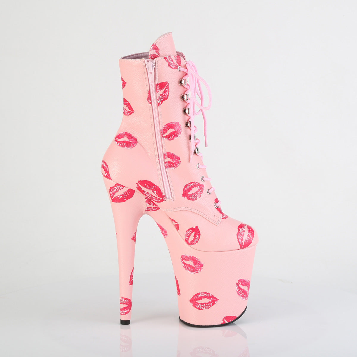 FLAMINGO-1020KISSES *8" Heel,  4" PF Lace-Up Lips Print Ankle Boot, Side Zip