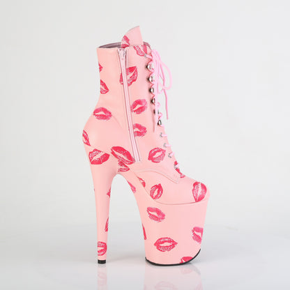 FLAMINGO-1020KISSES *8" Heel,  4" PF Lace-Up Lips Print Ankle Boot, Side Zip