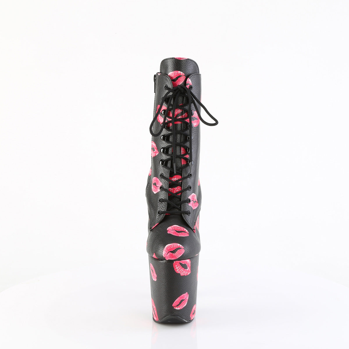 FLAMINGO-1020KISSES *8" Heel,  4" PF Lace-Up Lips Print Ankle Boot, Side Zip