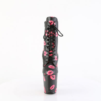 FLAMINGO-1020KISSES *8" Heel,  4" PF Lace-Up Lips Print Ankle Boot, Side Zip