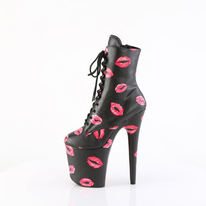FLAMINGO-1020KISSES *8" Heel,  4" PF Lace-Up Lips Print Ankle Boot, Side Zip