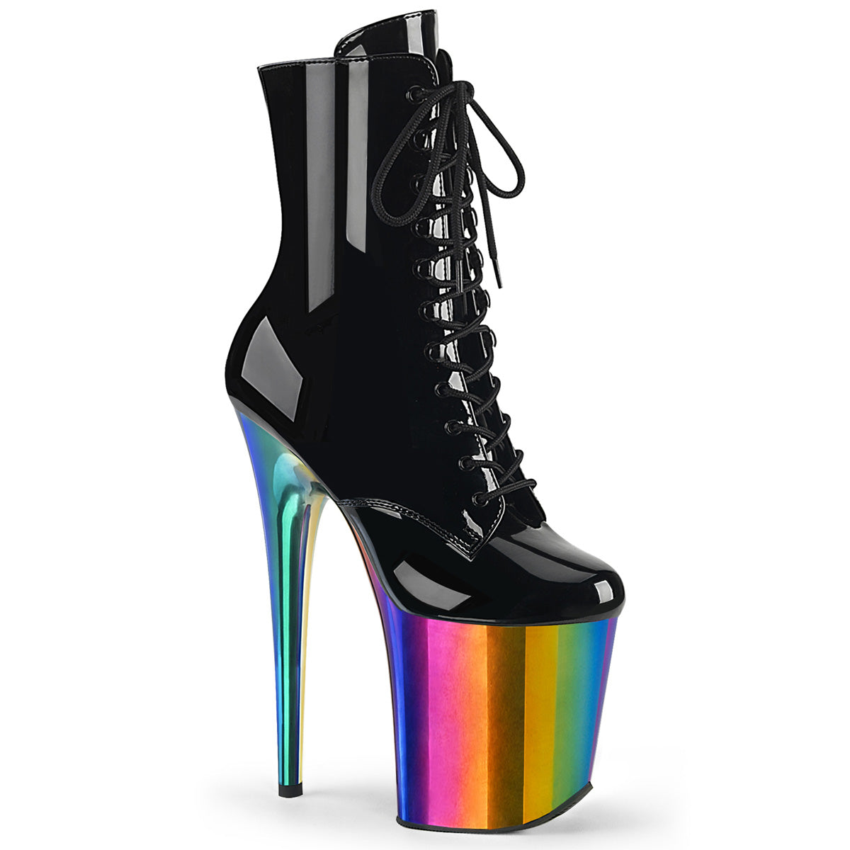 FLAMINGO-1020RC *8" Heel, 4" Chromed PF Lace-Up Ankle Boot, Side Zip