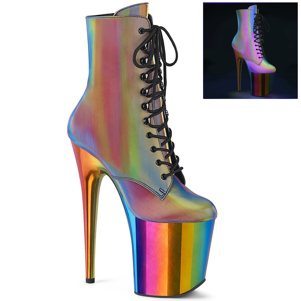 FLAMINGO-1020RC *8" Heel, 4" Chromed PF Lace-Up Ankle Boot, Side Zip