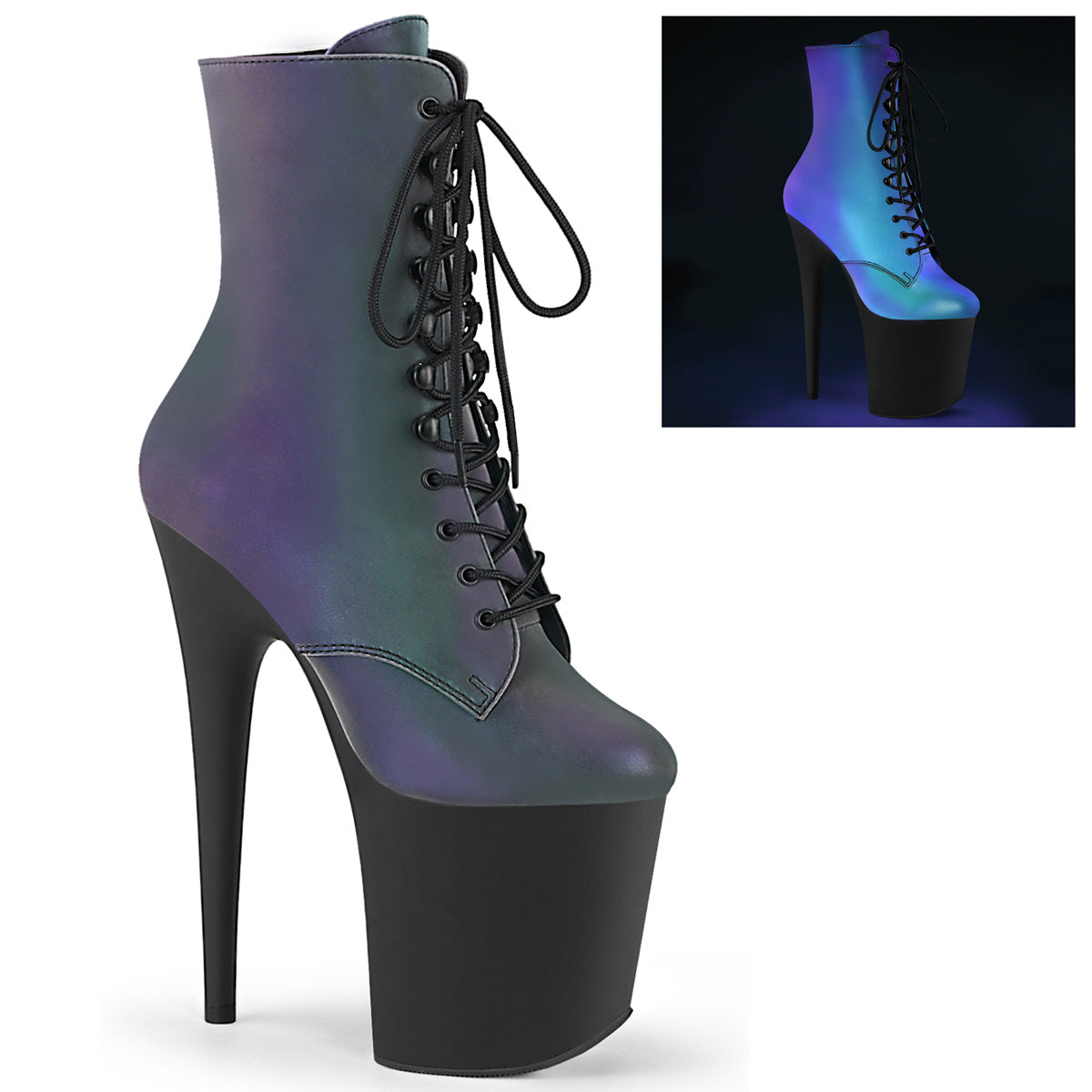 FLAMINGO-1020REFL *8" Heel, 4" PF Lace-Up Front Ankle Boot, Side Zip