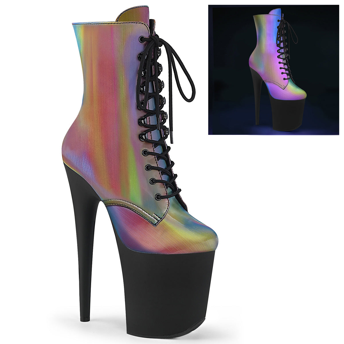FLAMINGO-1020REFL *8" Heel, 4" PF Lace-Up Front Ankle Boot, Side Zip