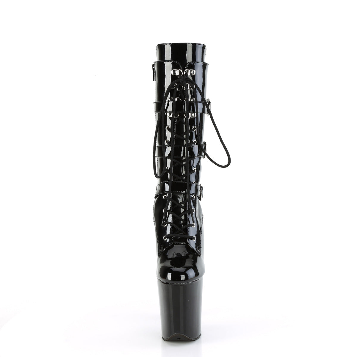 FLAMINGO-1053 8" Heel, 4" PF Lace-Up Buckled Mid-Calf Boot, Side Zip