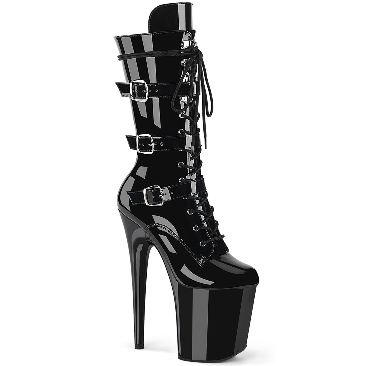 FLAMINGO-1053 8" Heel, 4" PF Lace-Up Buckled Mid-Calf Boot, Side Zip