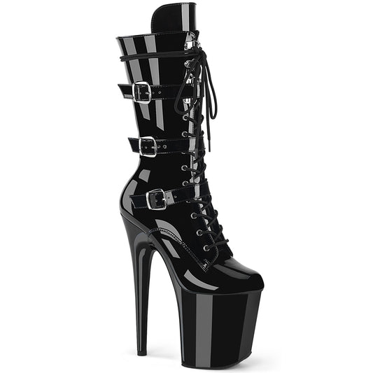 FLAMINGO-1053 8" Heel, 4" PF Lace-Up Buckled Mid-Calf Boot, Side Zip