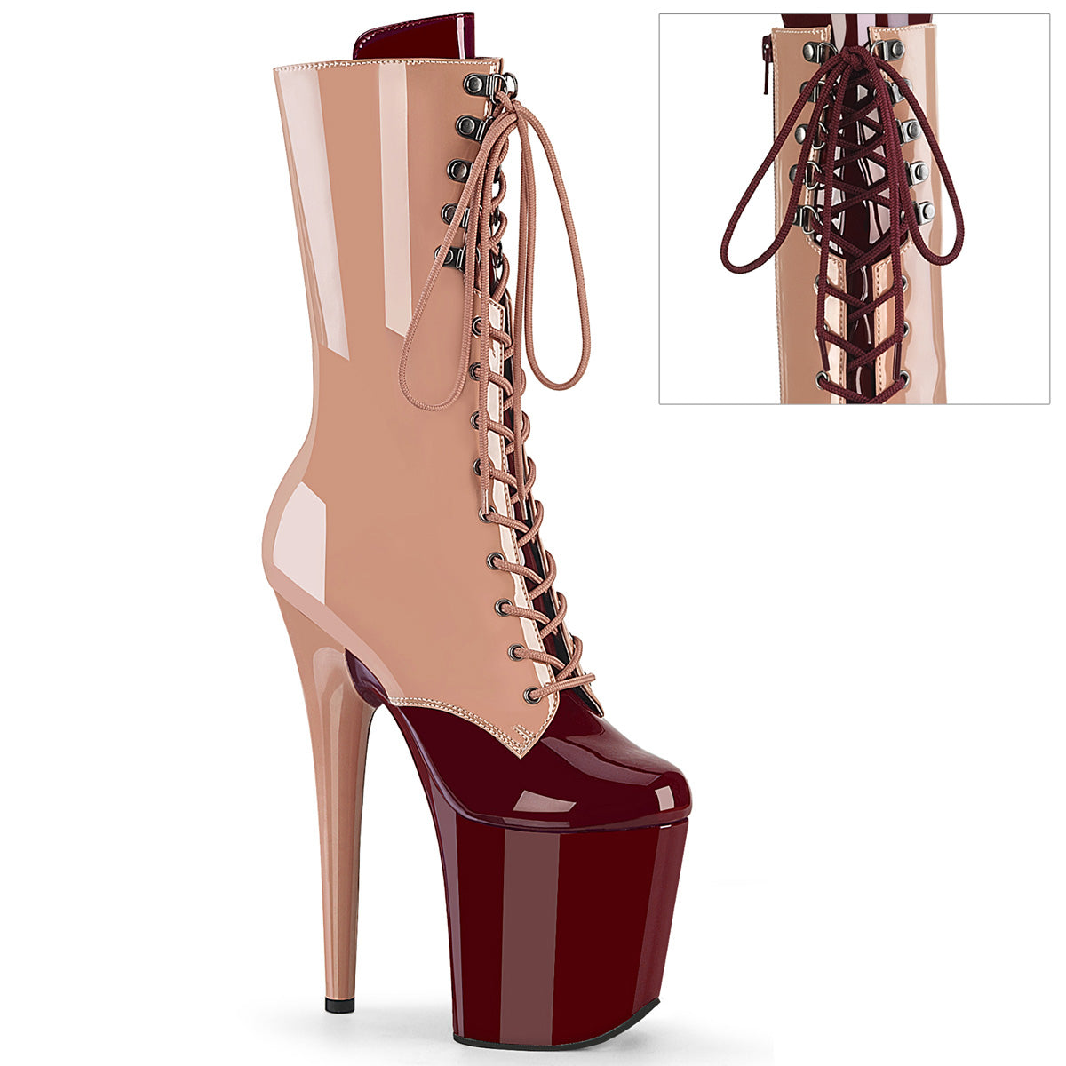 FLAMINGO-1054DC *8" Heel, 4" PF Two Tone Lace-Up Mid Calf Boot, Side Zip