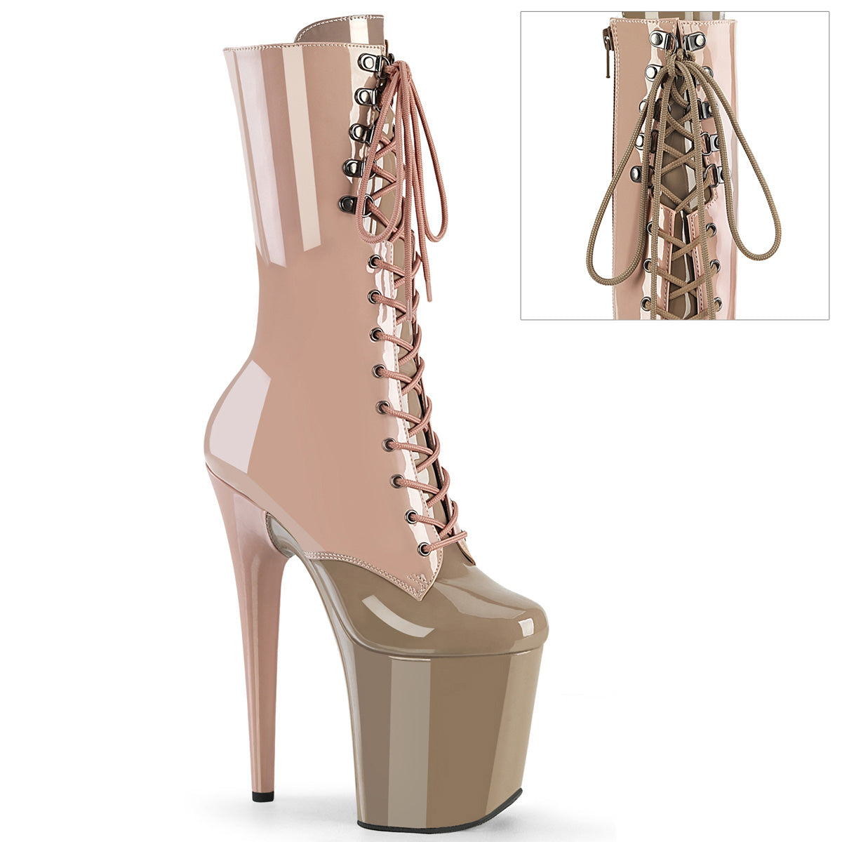 FLAMINGO-1054DC *8" Heel, 4" PF Two Tone Lace-Up Mid Calf Boot, Side Zip