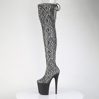 FLAMINGO-3008SP-BT *8" Heel, 4" PF Stretch Snake Print Pull-On Thigh Boot