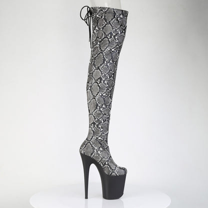 FLAMINGO-3008SP-BT *8" Heel, 4" PF Stretch Snake Print Pull-On Thigh Boot