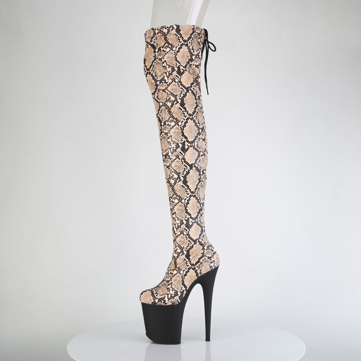 FLAMINGO-3008SP-BT *8" Heel, 4" PF Stretch Snake Print Pull-On Thigh Boot