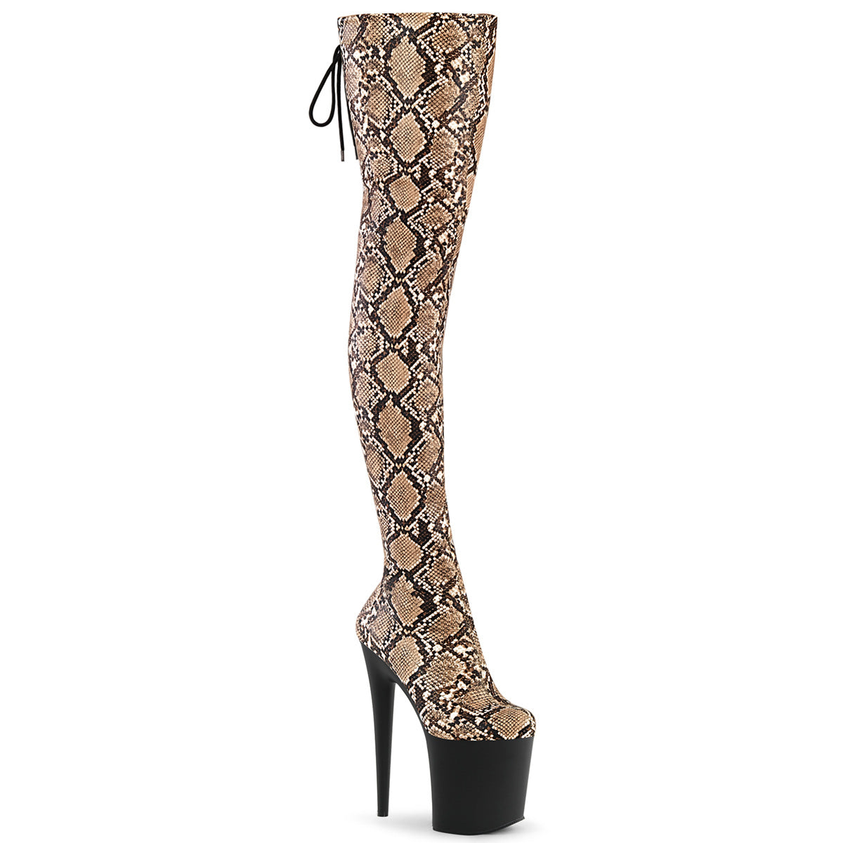 FLAMINGO-3008SP-BT *8" Heel, 4" PF Stretch Snake Print Pull-On Thigh Boot