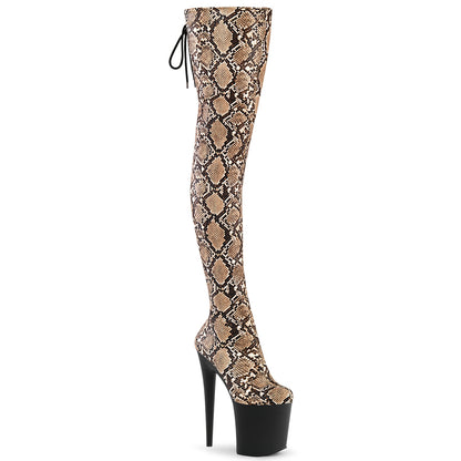 FLAMINGO-3008SP-BT *8" Heel, 4" PF Stretch Snake Print Pull-On Thigh Boot