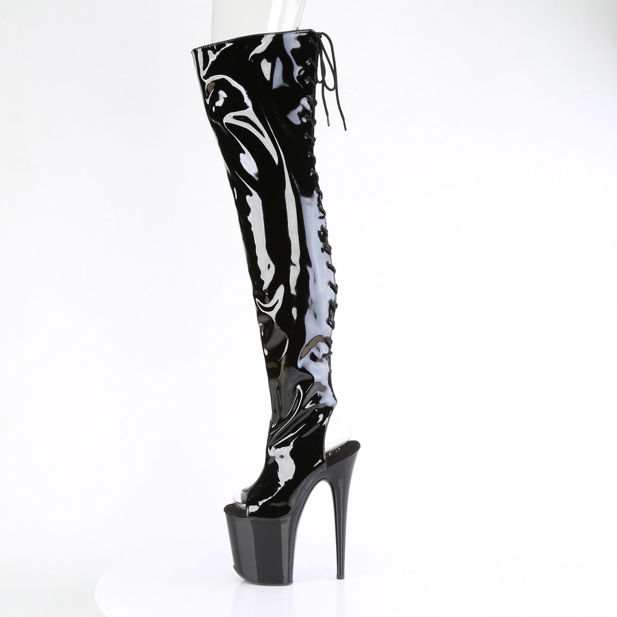 FLAMINGO-3017 8" Heel, 4" PF Open Toe/Heel Stretch Thigh Boot, Side Zip