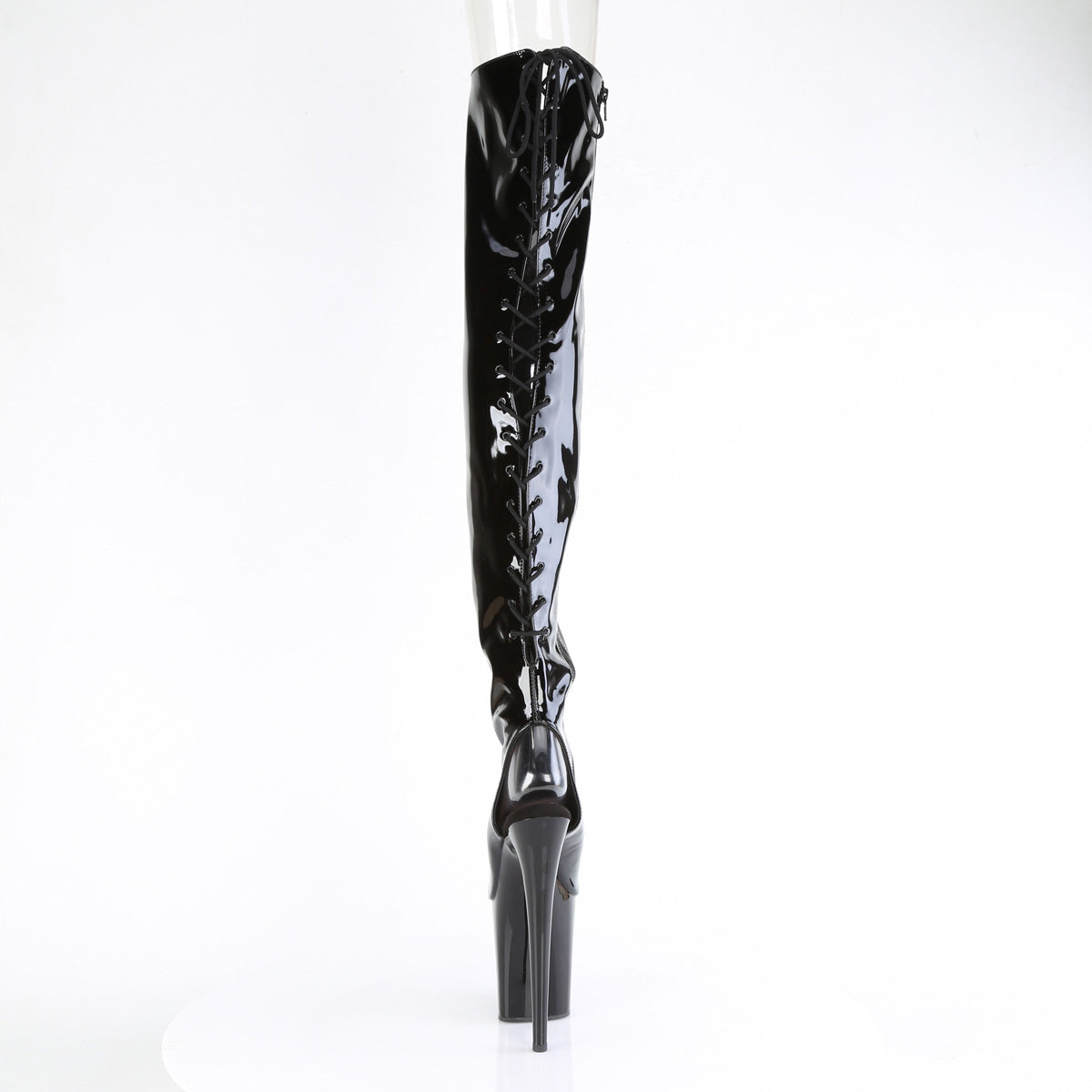 FLAMINGO-3017 8" Heel, 4" PF Open Toe/Heel Stretch Thigh Boot, Side Zip