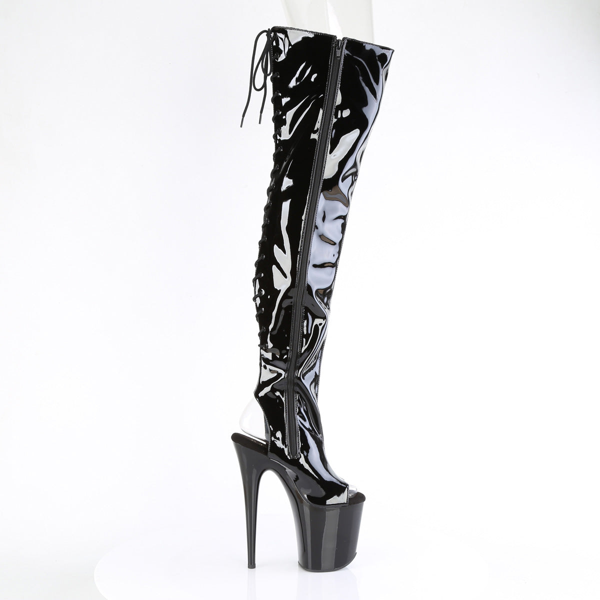 FLAMINGO-3017 8" Heel, 4" PF Open Toe/Heel Stretch Thigh Boot, Side Zip