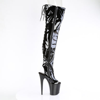 FLAMINGO-3017 8" Heel, 4" PF Open Toe/Heel Stretch Thigh Boot, Side Zip