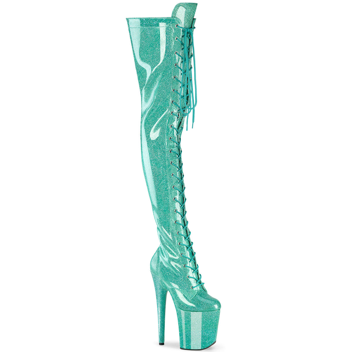 FLAMINGO-3020GP *8" Heel, 4" PF Lace-Up Stretch Thigh Boot, Side Zip