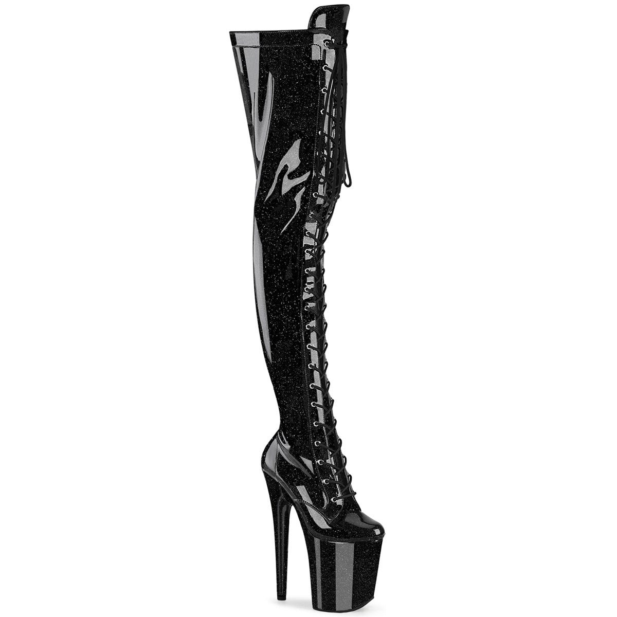 FLAMINGO-3020GP *8" Heel, 4" PF Lace-Up Stretch Thigh Boot, Side Zip