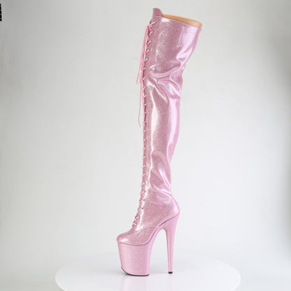 FLAMINGO-3020GP 8" Heel, 4" PF Lace-Up Stretch Thigh Boot, Side Zip
