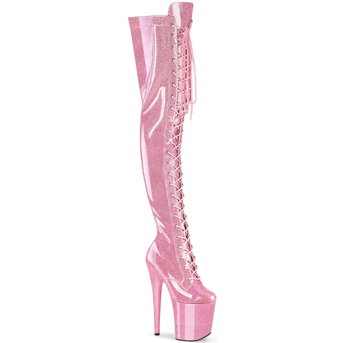 FLAMINGO-3020GP 8" Heel, 4" PF Lace-Up Stretch Thigh Boot, Side Zip
