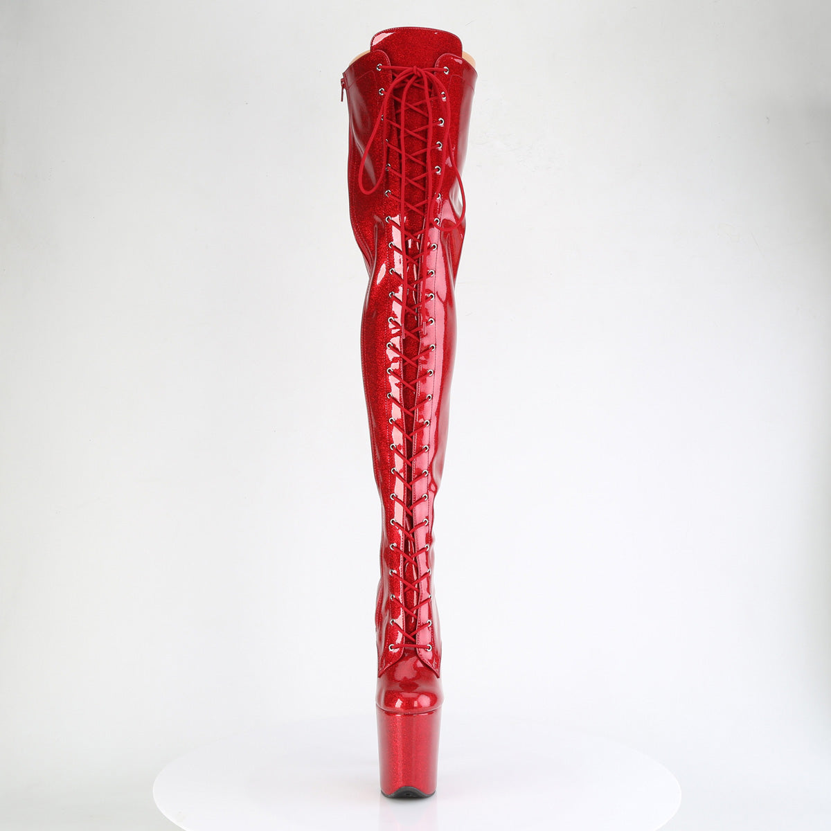 FLAMINGO-3020GP *8" Heel, 4" PF Lace-Up Stretch Thigh Boot, Side Zip