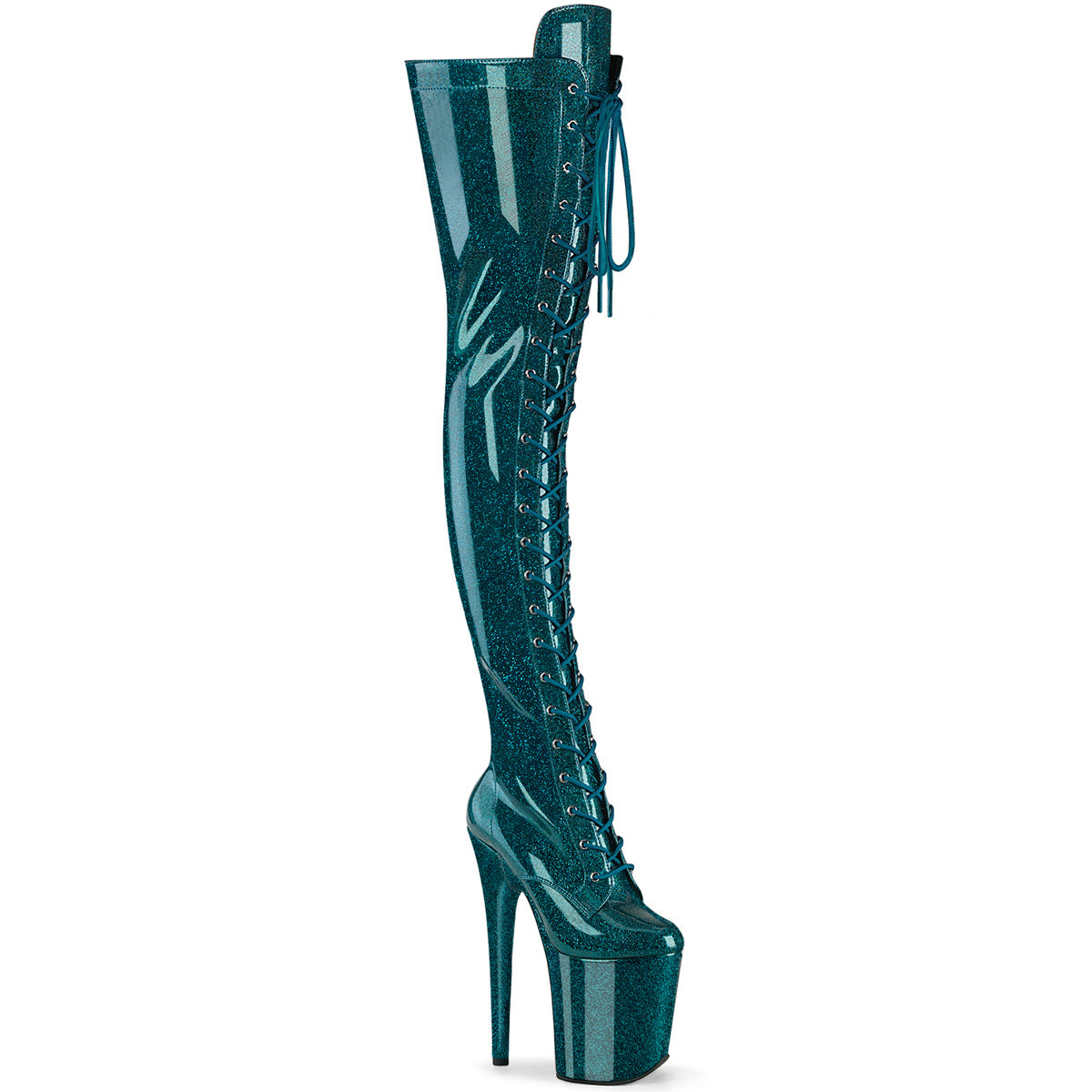 FLAMINGO-3020GP *8" Heel, 4" PF Lace-Up Thigh Boot, Side Zip