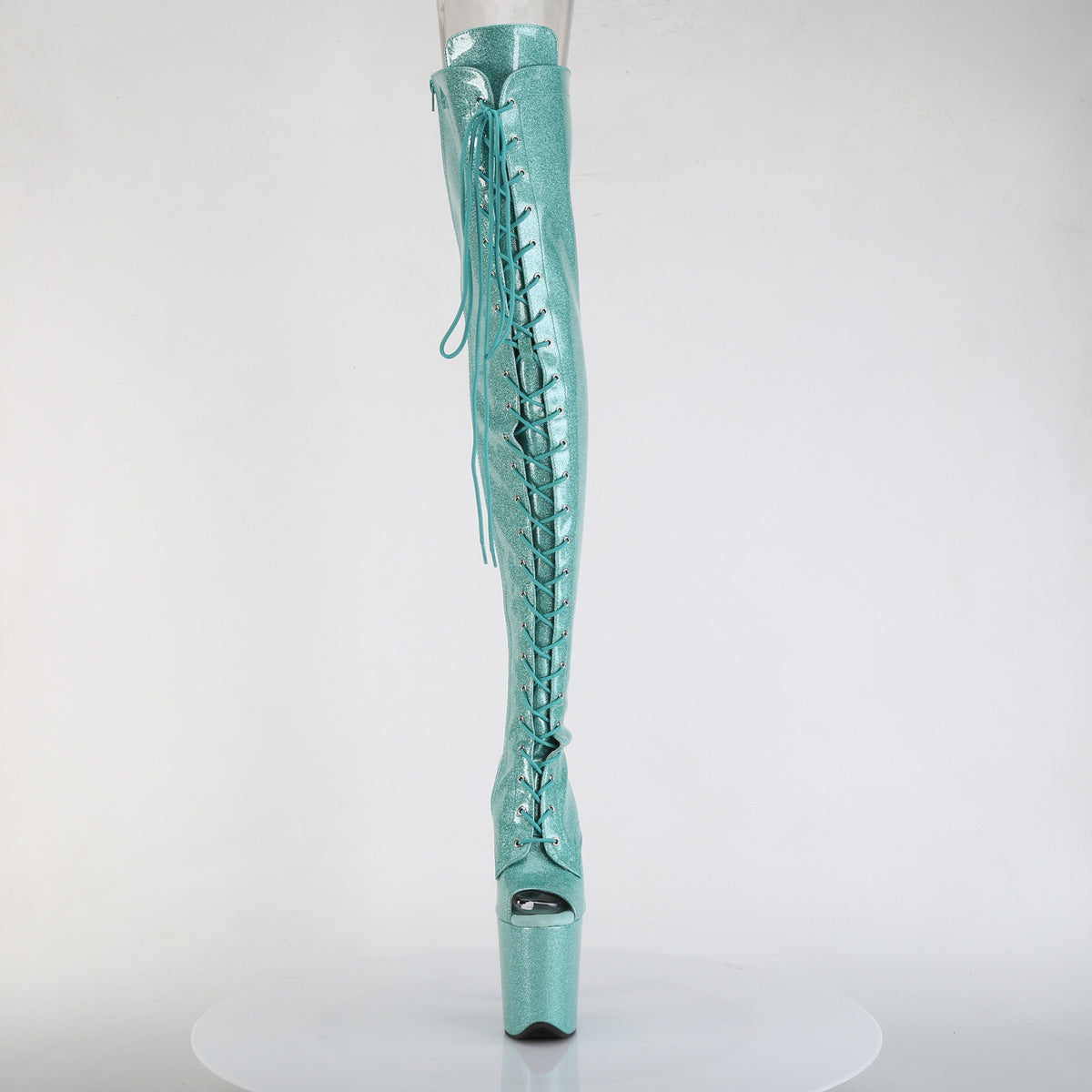 FLAMINGO-3021GP *8" Heel, 4" PF Peep Toe Lace-Up Thigh Boot, Side Zip