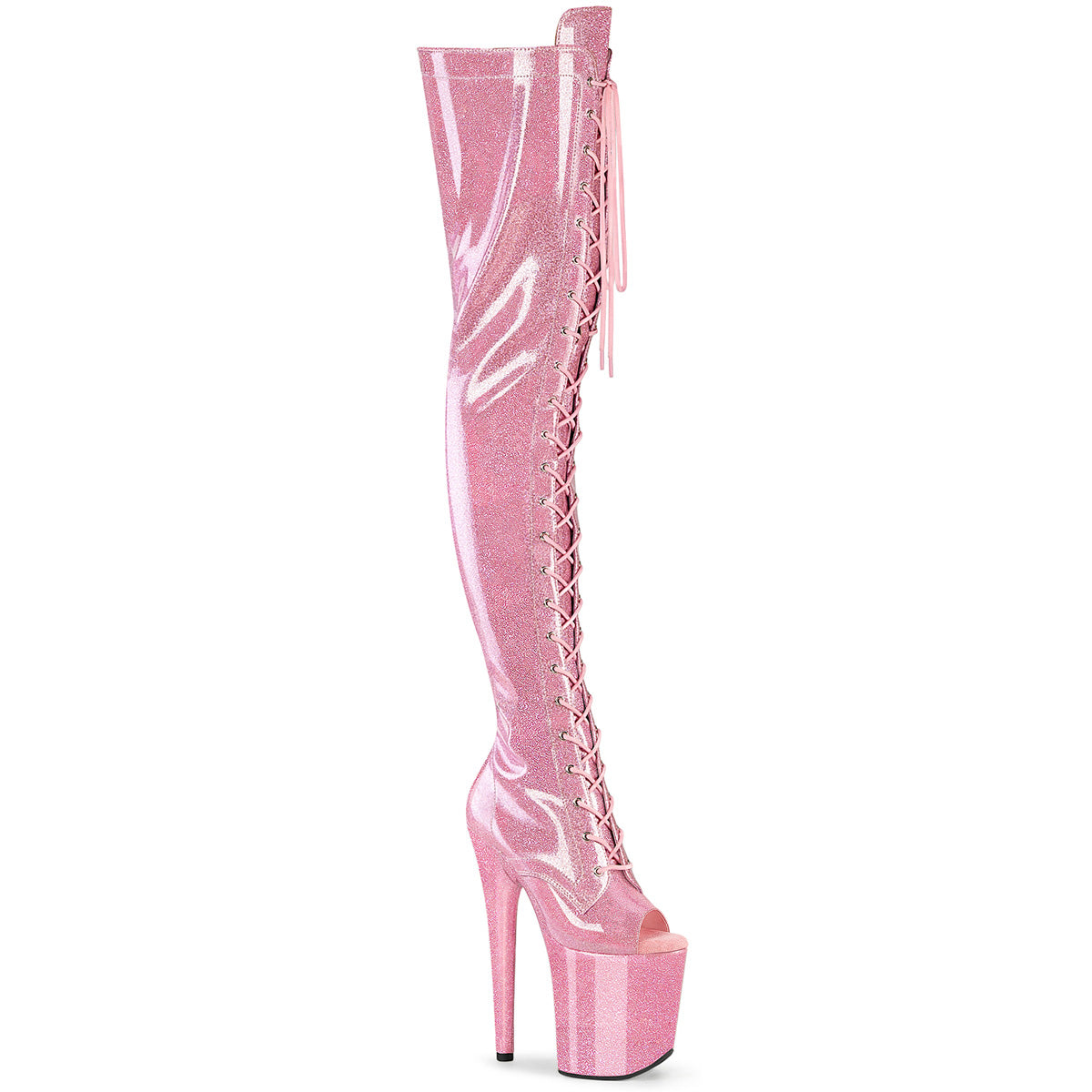 FLAMINGO-3021GP 8" Heel, 4" PF Peep Toe Lace-Up Thigh Boot, Side Zip