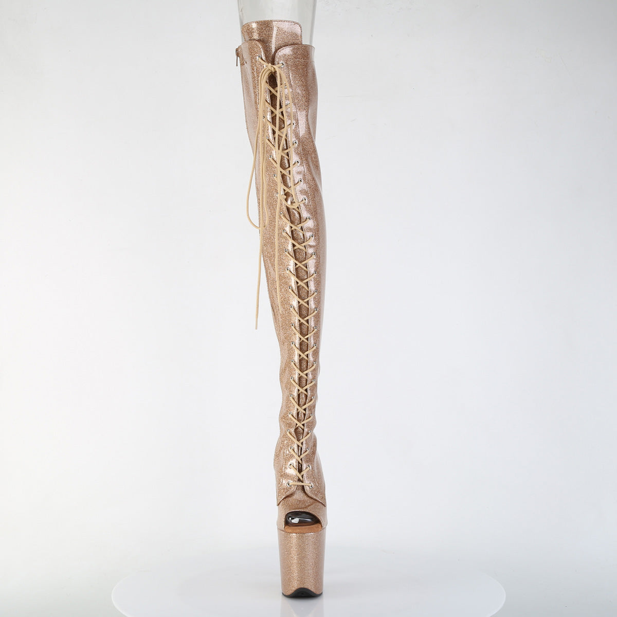 FLAMINGO-3021GP 8" Heel, 4" PF Peep Toe Lace-Up Thigh Boot, Side Zip