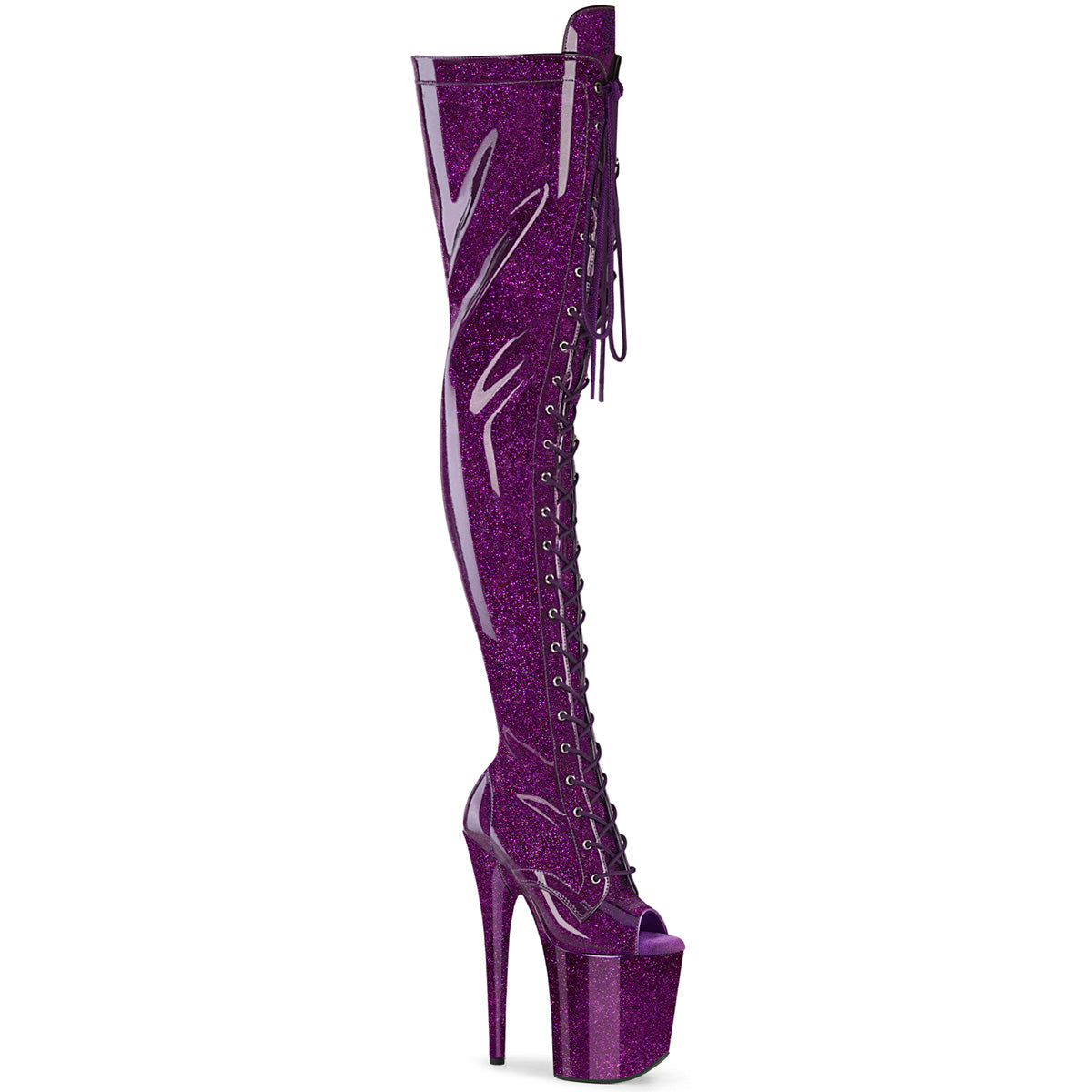 FLAMINGO-3021GP *8" Heel, 4" PF Peep Toe Lace-Up Thigh Boot, Side Zip