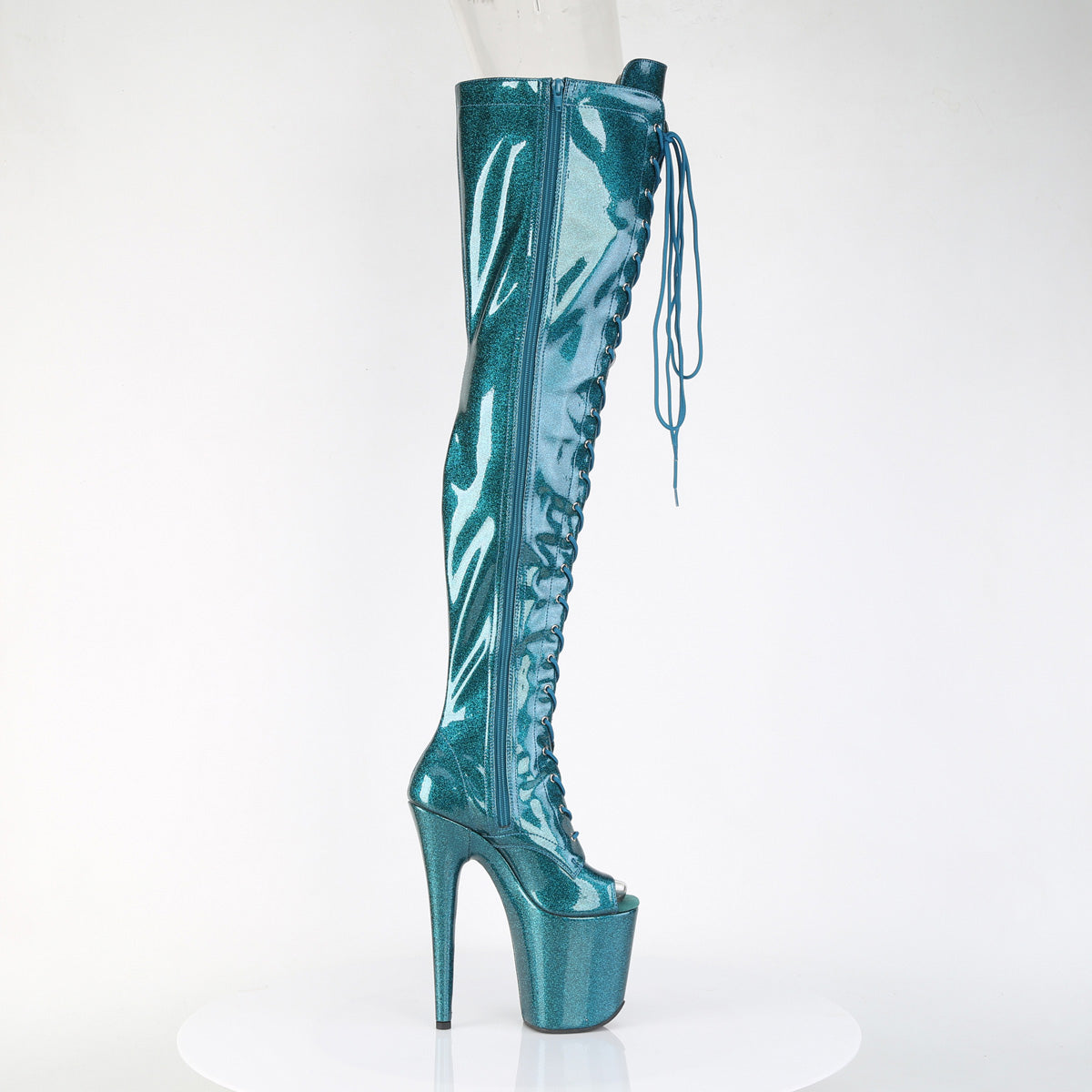 FLAMINGO-3021GP *8" Heel, 4" PF Peep Toe Lace-Up Thigh Boot, Side Zip