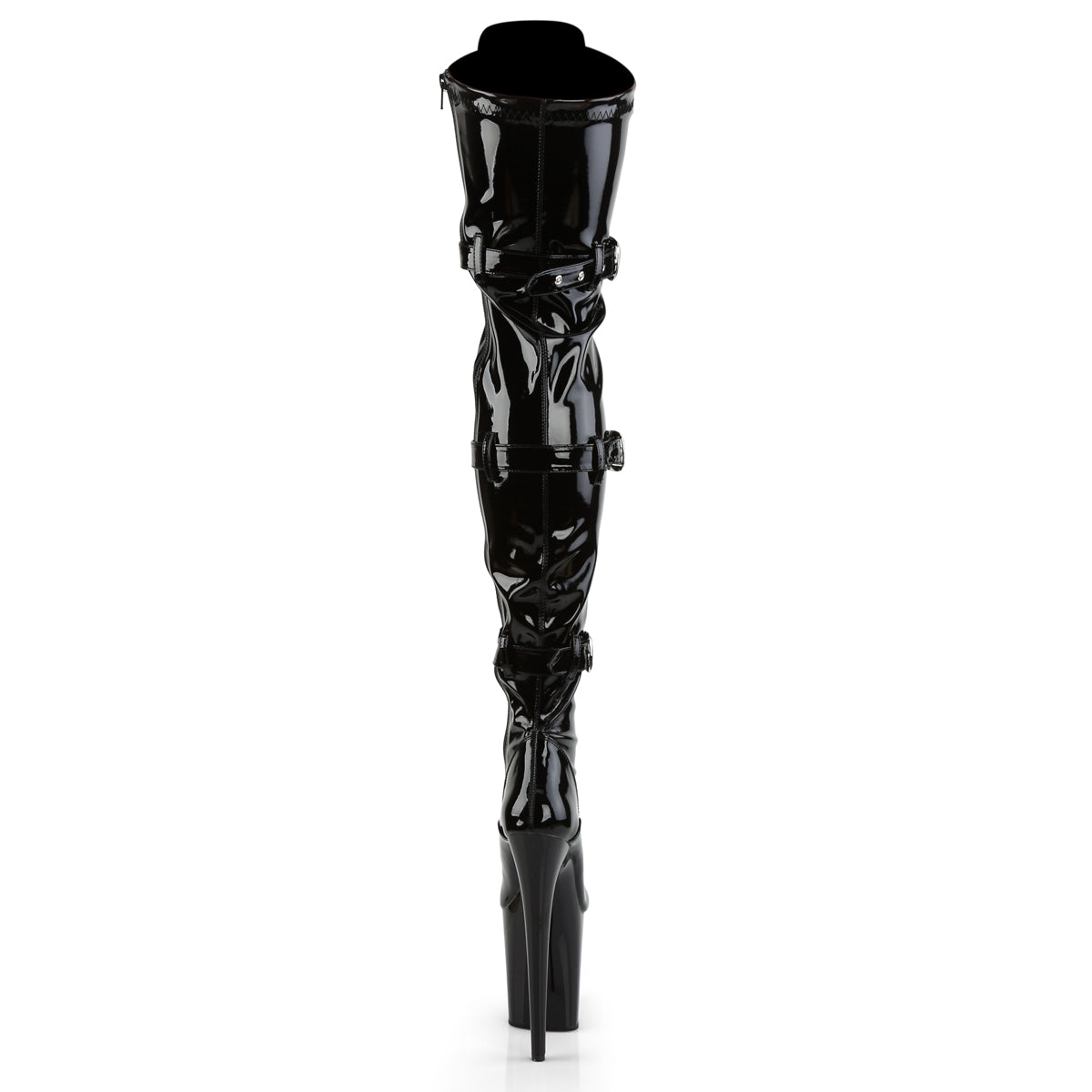 FLAMINGO-3028 8" Heel, 4" PF Stretch Thigh Boot W/Buckled Straps, Side Zip