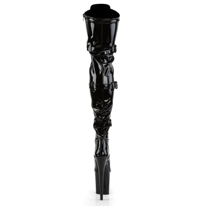 FLAMINGO-3028 8" Heel, 4" PF Stretch Thigh Boot W/Buckled Straps, Side Zip