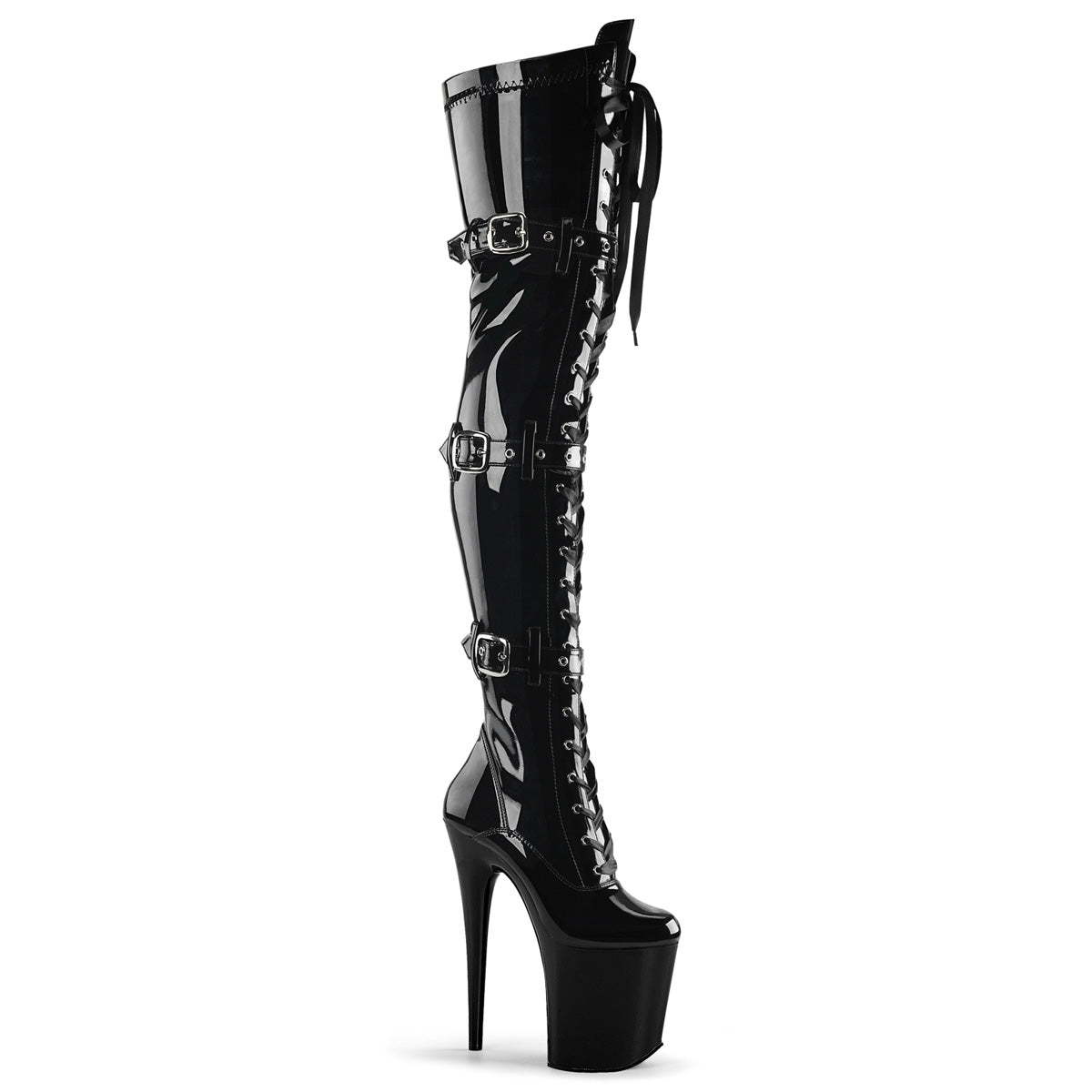 FLAMINGO-3028 8" Heel, 4" PF Stretch Thigh Boot W/Buckled Straps, Side Zip