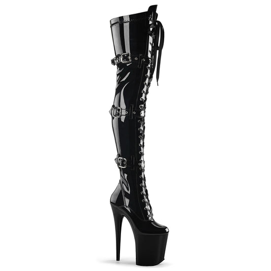 FLAMINGO-3028 8" Heel, 4" PF Stretch Thigh Boot W/Buckled Straps, Side Zip