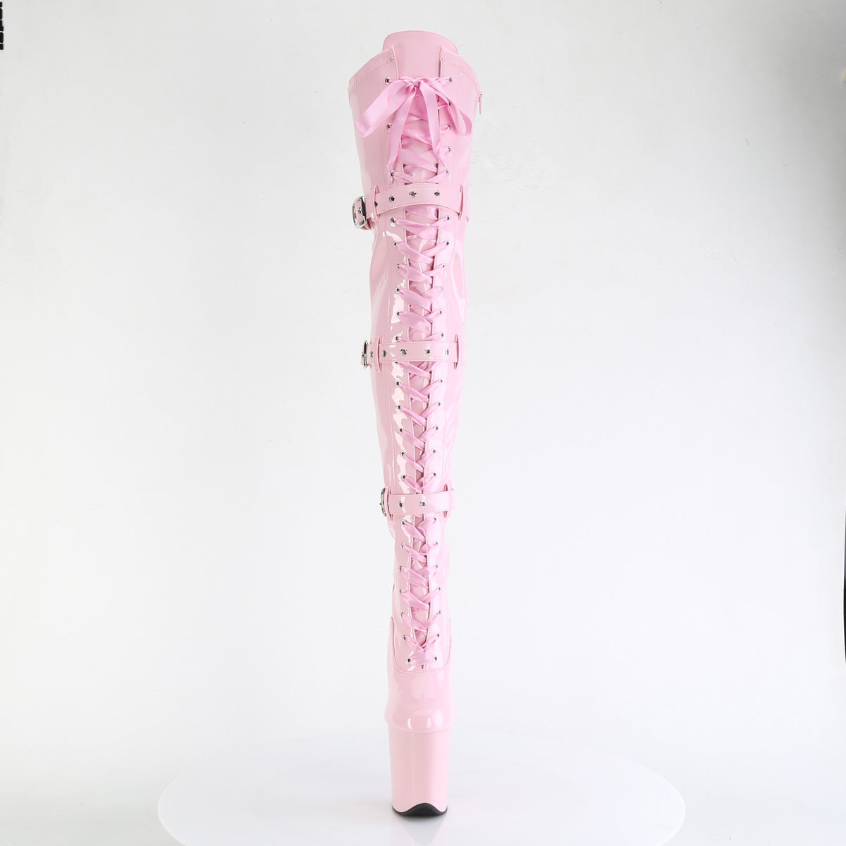FLAMINGO-3028 8" Heel, 4" PF Stretch Thigh Boot W/Buckled Straps, Side Zip