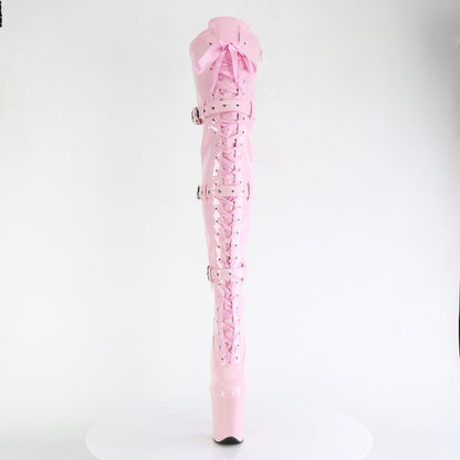 FLAMINGO-3028 8" Heel, 4" PF Stretch Thigh Boot W/Buckled Straps, Side Zip