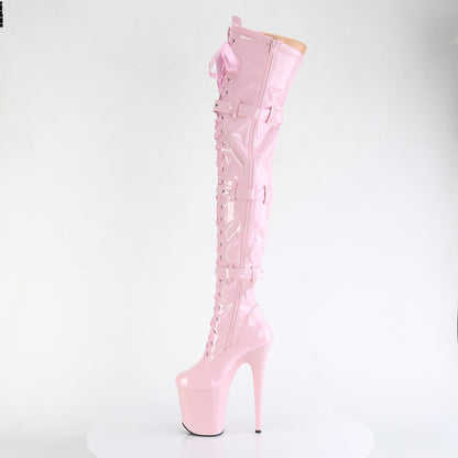 FLAMINGO-3028 8" Heel, 4" PF Stretch Thigh Boot W/Buckled Straps, Side Zip