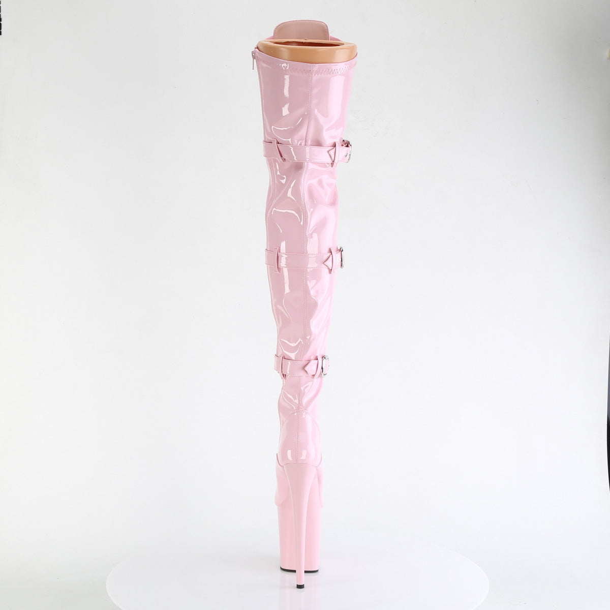 FLAMINGO-3028 8" Heel, 4" PF Stretch Thigh Boot W/Buckled Straps, Side Zip