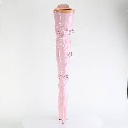 FLAMINGO-3028 8" Heel, 4" PF Stretch Thigh Boot W/Buckled Straps, Side Zip