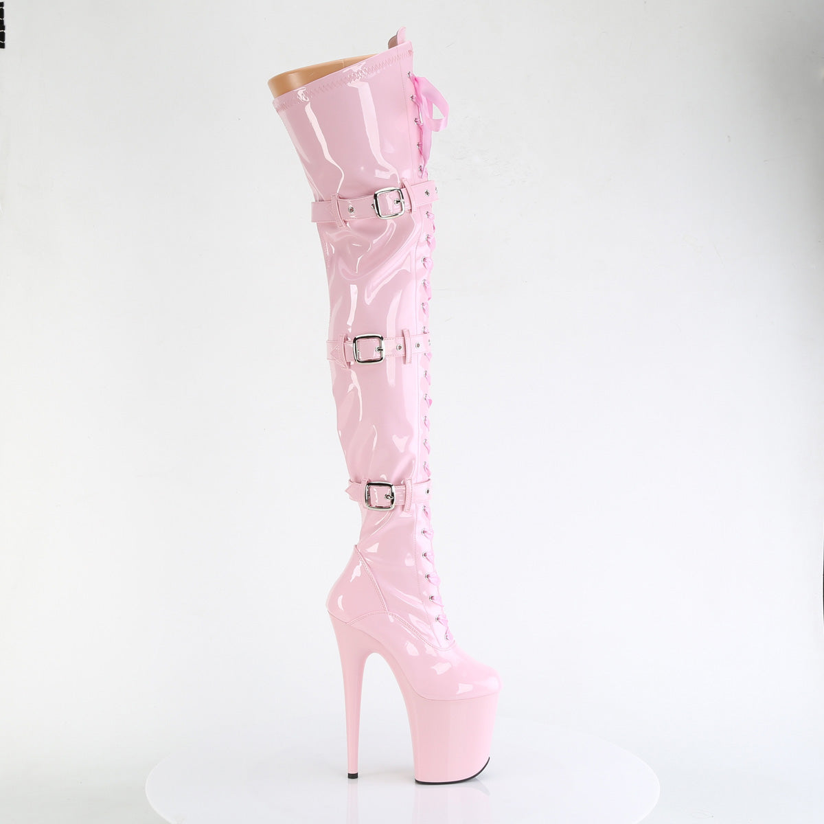FLAMINGO-3028 8" Heel, 4" PF Lace-Up Front Thigh High Boot, Side Zip