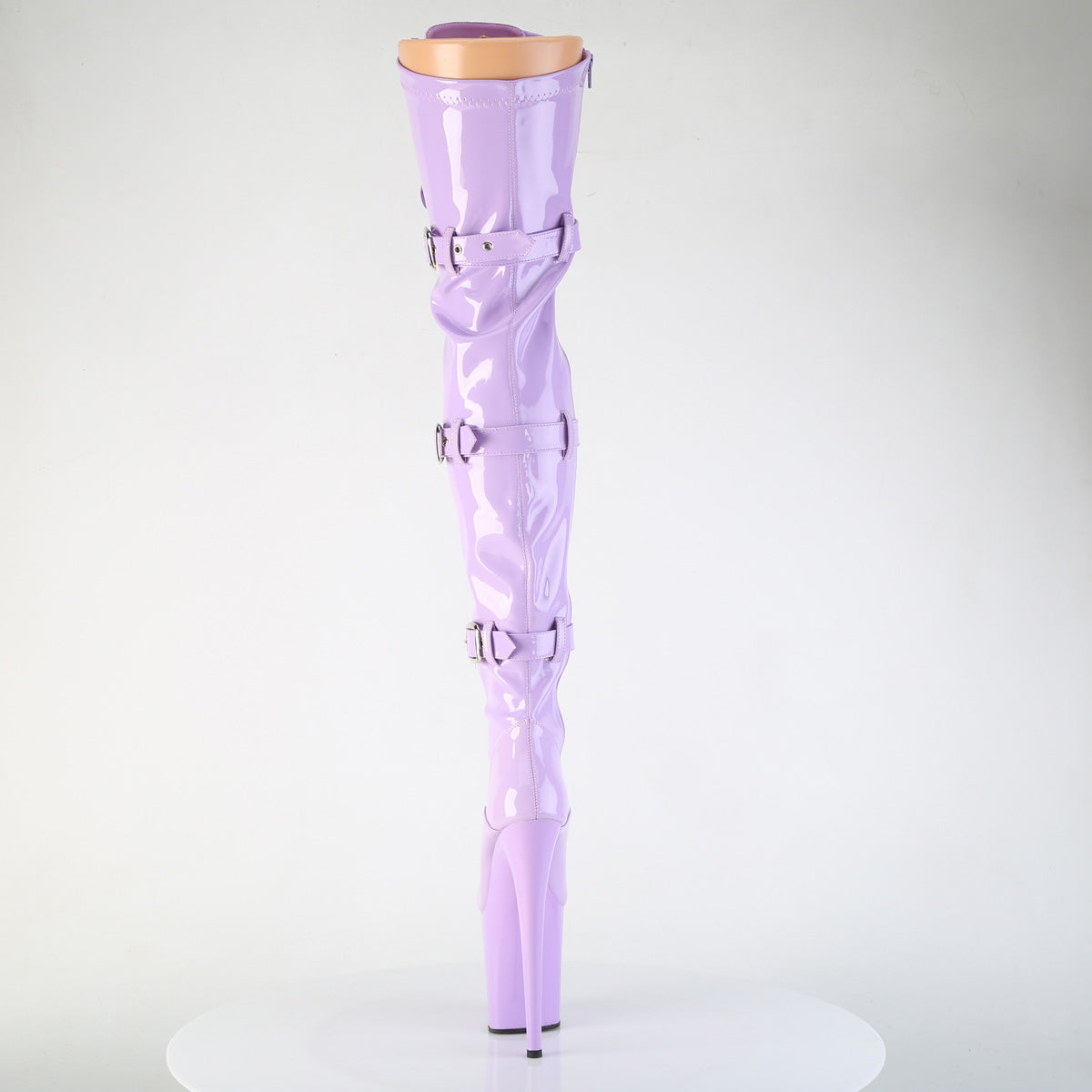 FLAMINGO-3028 8" Heel, 4" PF Stretch Thigh Boot W/Buckled Straps, Side Zip