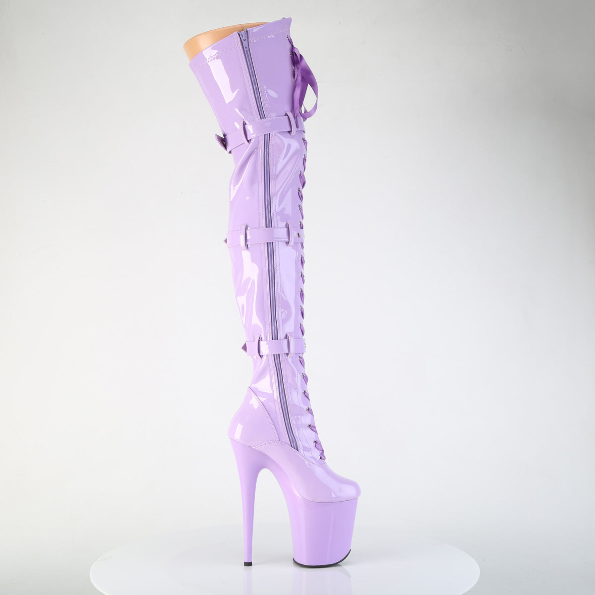 FLAMINGO-3028 8" Heel, 4" PF Stretch Thigh Boot W/Buckled Straps, Side Zip
