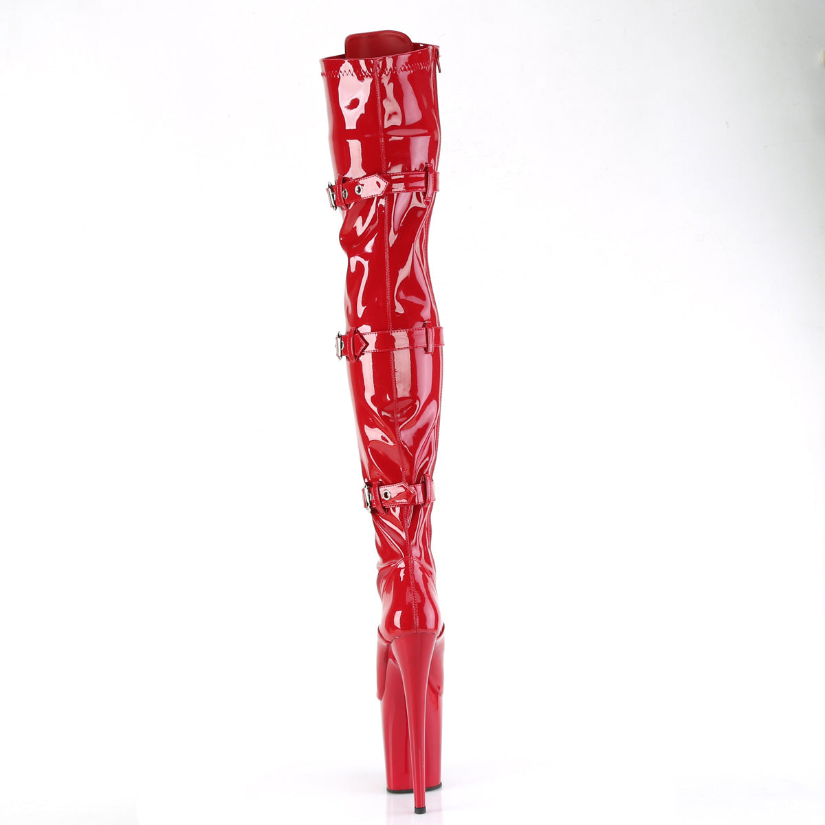 FLAMINGO-3028 8" Heel, 4" PF Stretch Thigh Boot W/Buckled Straps, Side Zip